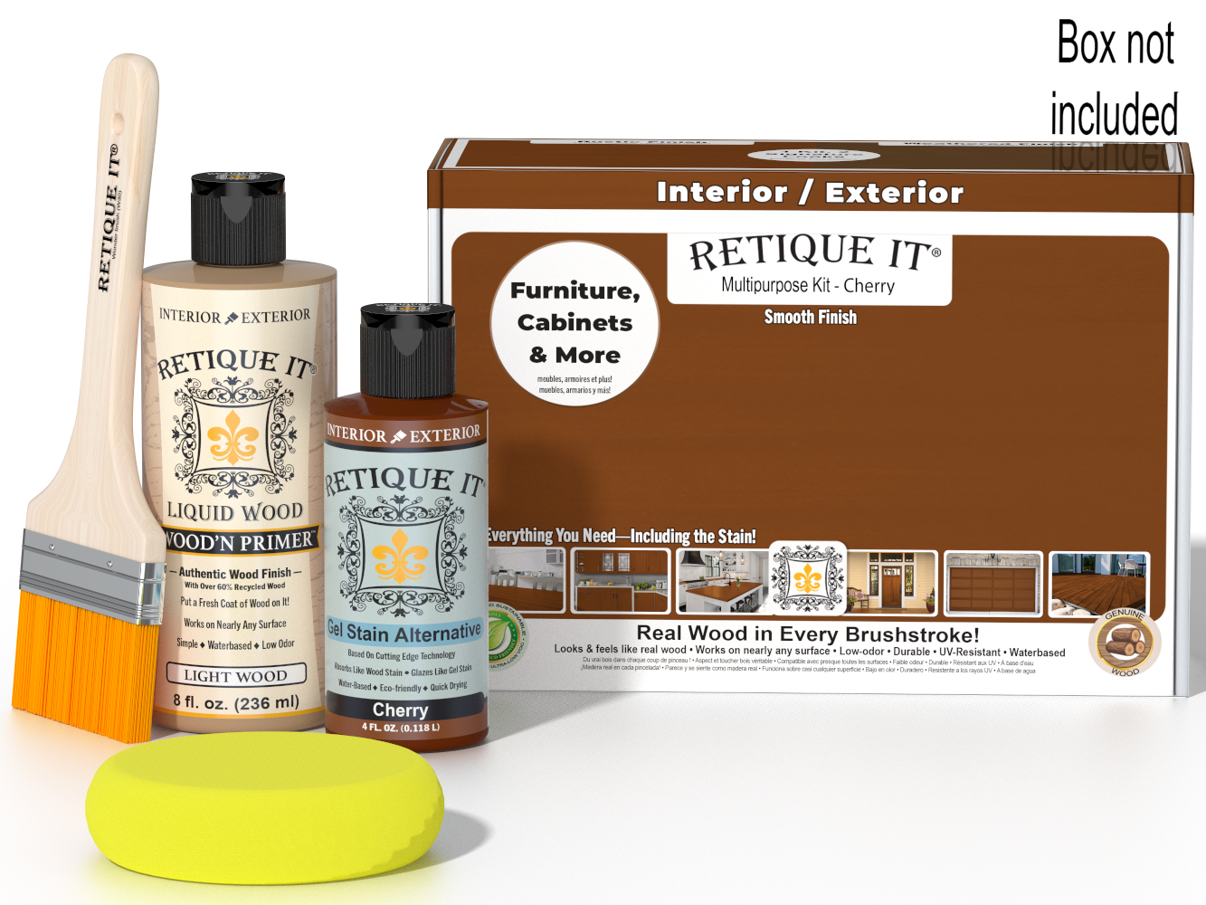 Retique It® Cherry wood finish kit with smooth finish, including applicator tools and finishing products in a box.