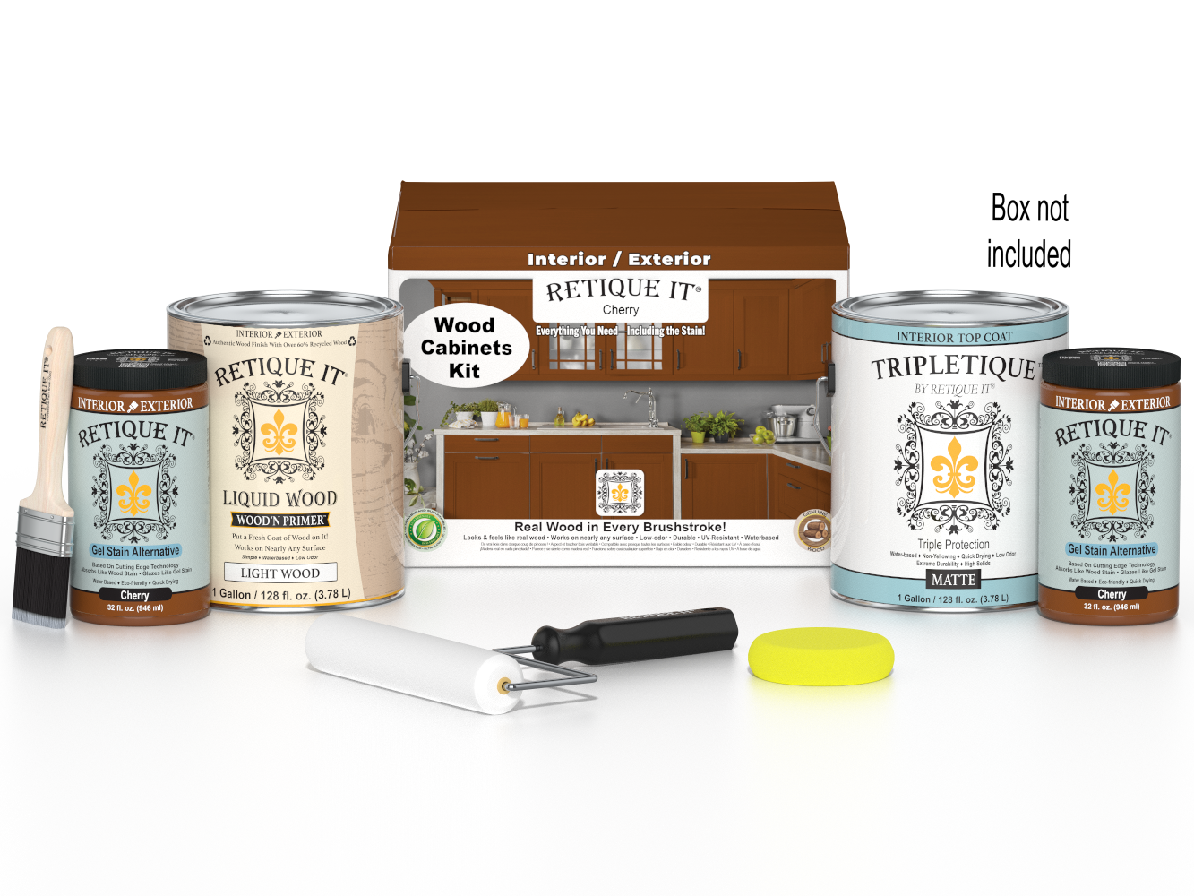 Retique It® Wood'n Cabinet Kit with 48 cherry-colored smooth door stains and included hardware for kitchen cabinetry.