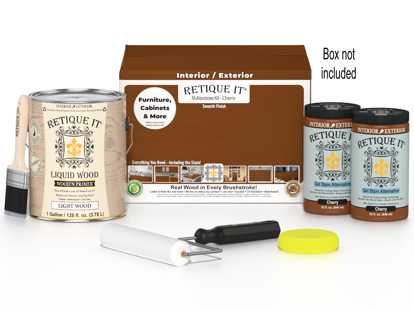 Retique It® wood finish kit with four large cherry-colored smooth finish bottles for multi-purpose wood projects.