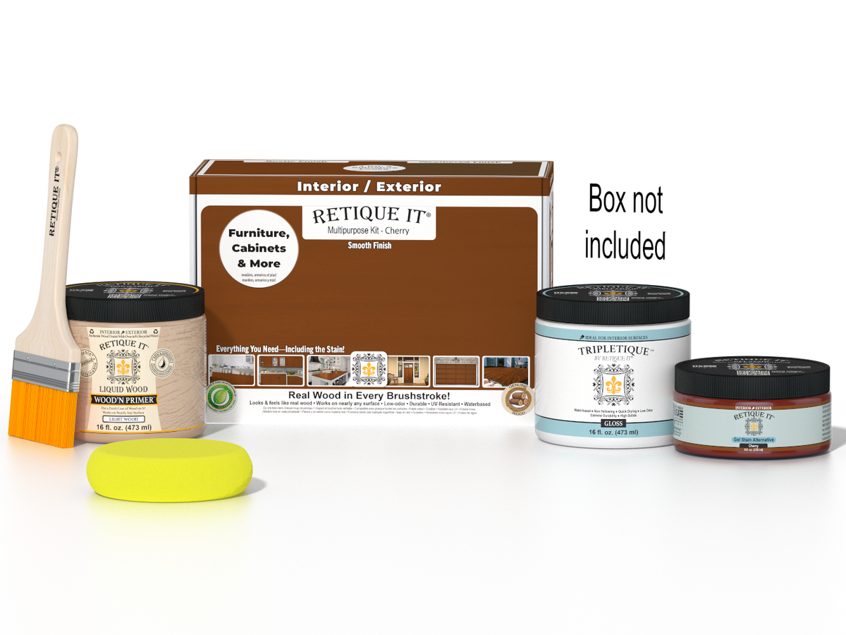 Retique It Multi-purpose Smooth Finish Kit in Cherry for interior wood projects, includes top coat with gloss finish and application box