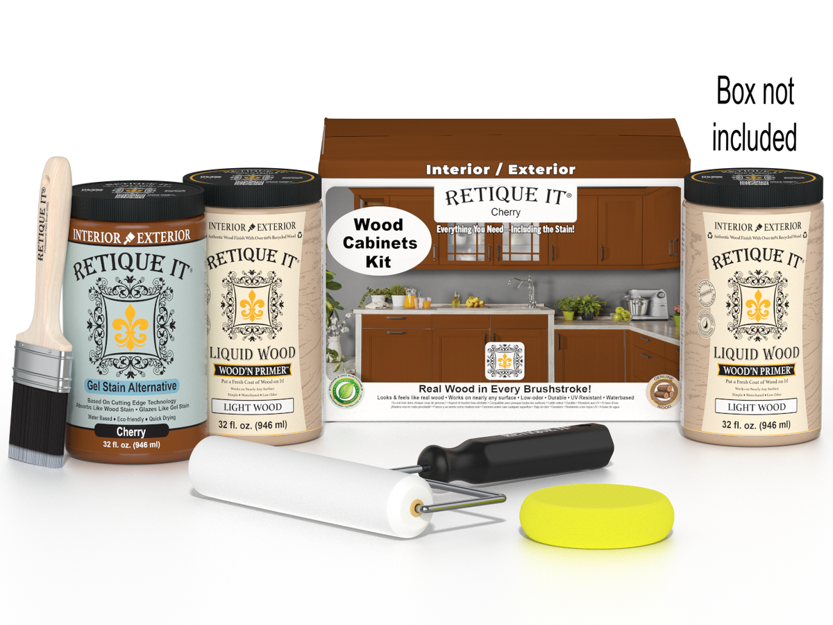 Retique It® Wood'n Cabinet Kit with 24 cherry stain cabinet doors, smooth finish, ideal for kitchen or bathroom cabinetry.