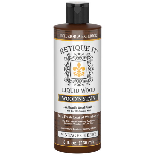 Retique It Liquid Wood Wood'n Stain in Vintage Cherry, 8 oz bottle, showcasing the rich stain color and product packaging.
