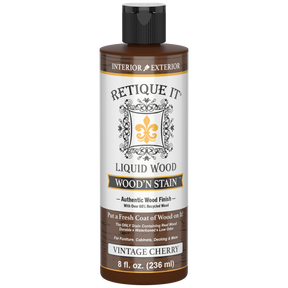 Liquid Wood'n Stain by Retique It in Vintage Cherry, 8 oz, showcasing a rich wood stain applied on a surface for a warm finish.