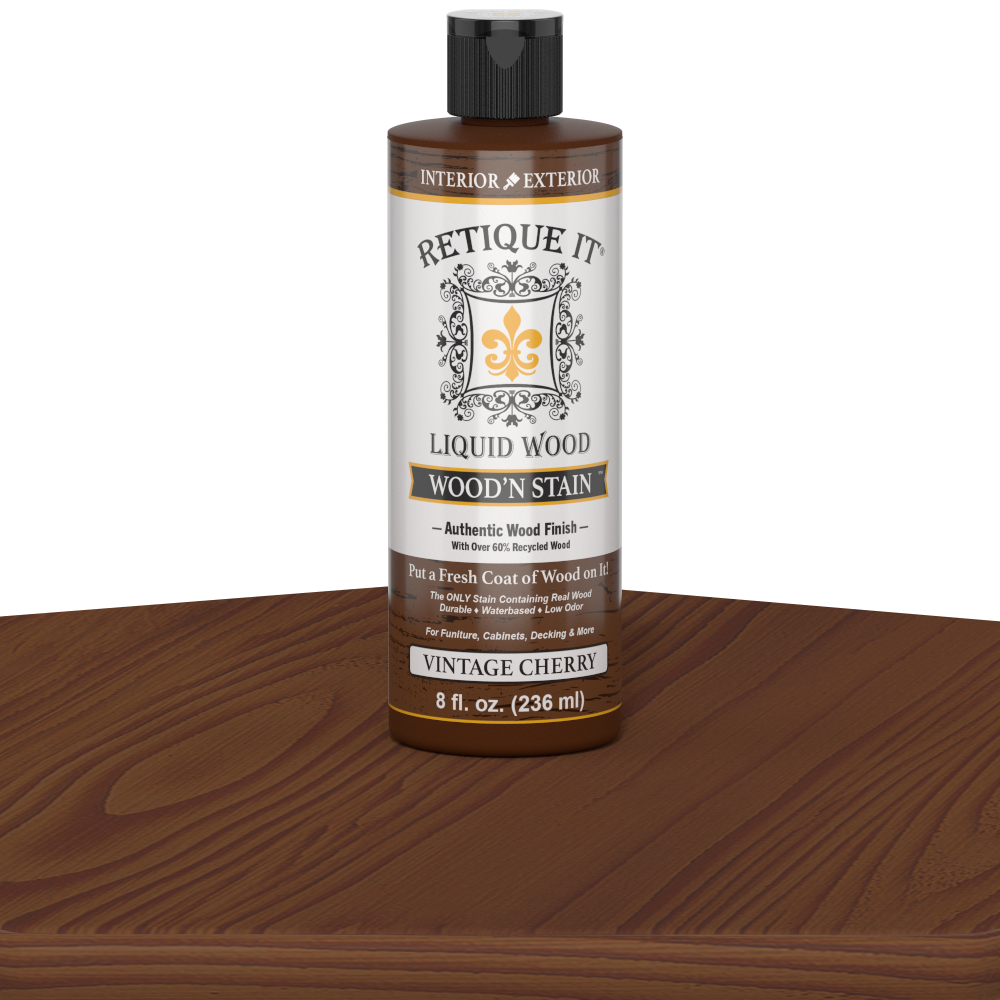 Retique It Liquid Wood Wood'n Stain in Vintage Cherry 8 oz bottle, showcasing the rich, deep red stain for wood finishing.