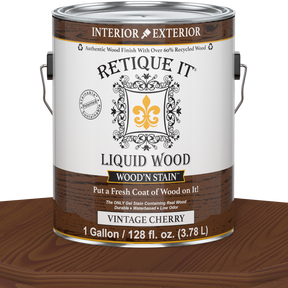 Liquid Wood Wood'n Stain in Vintage Cherry by Retique It, 128 oz bottle, showing the stain's rich wood finish and color.