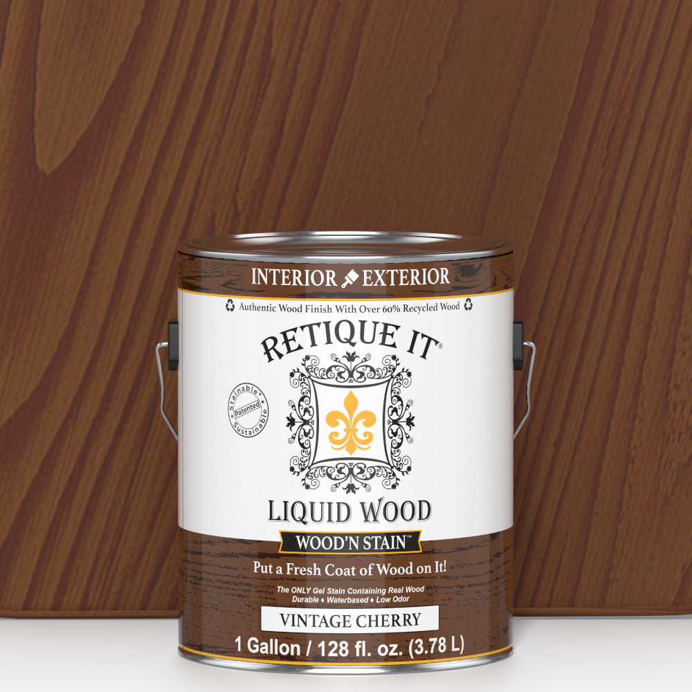 Liquid Wood Wood'n Stain in Vintage Cherry by Retique It, 128 oz bottle, showcasing the rich cherry stain color and product label.
