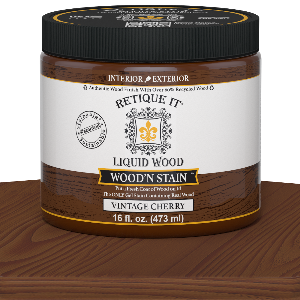 Retique It Liquid Wood Wood'n Stain in Vintage Cherry, 16 oz bottle, showcasing the rich cherry-colored stain for wood finishing.