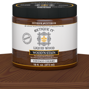 Retique It Liquid Wood Wood'n Stain in Vintage Cherry, 16 oz bottle, showcasing the rich cherry-colored stain for wood finishing.