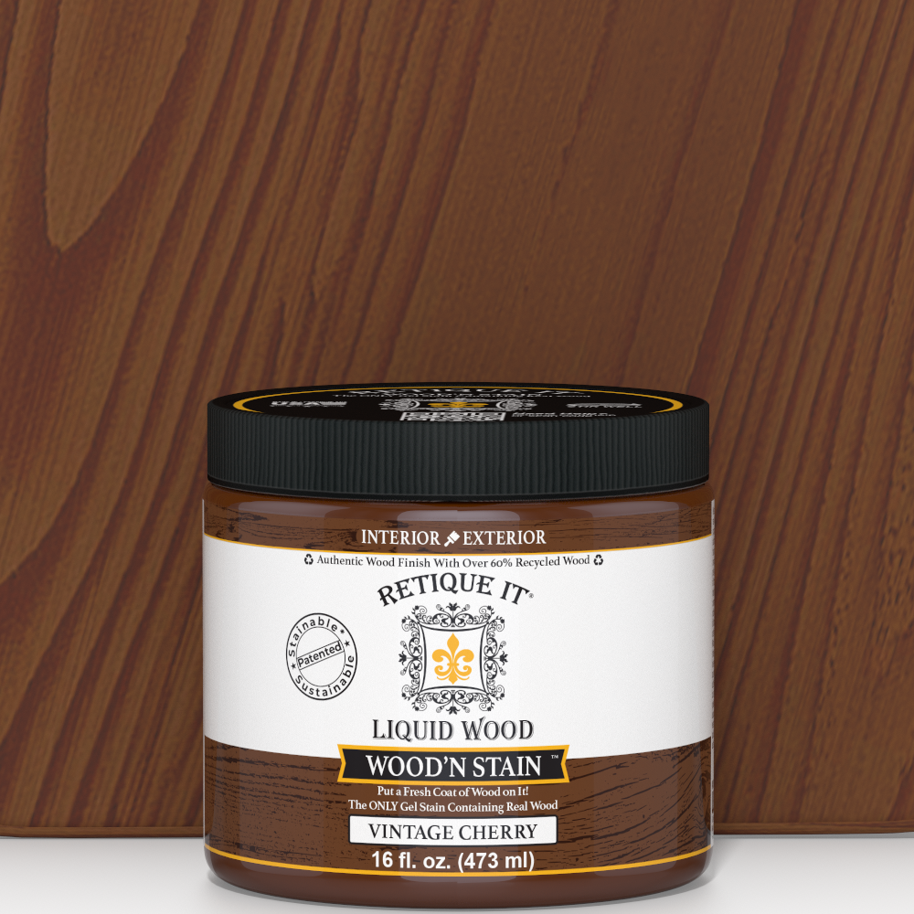 Retique It Liquid Wood Wood'n Stain in Vintage Cherry, 16 oz bottle, showing the deep cherry-colored stain for wood finishing.