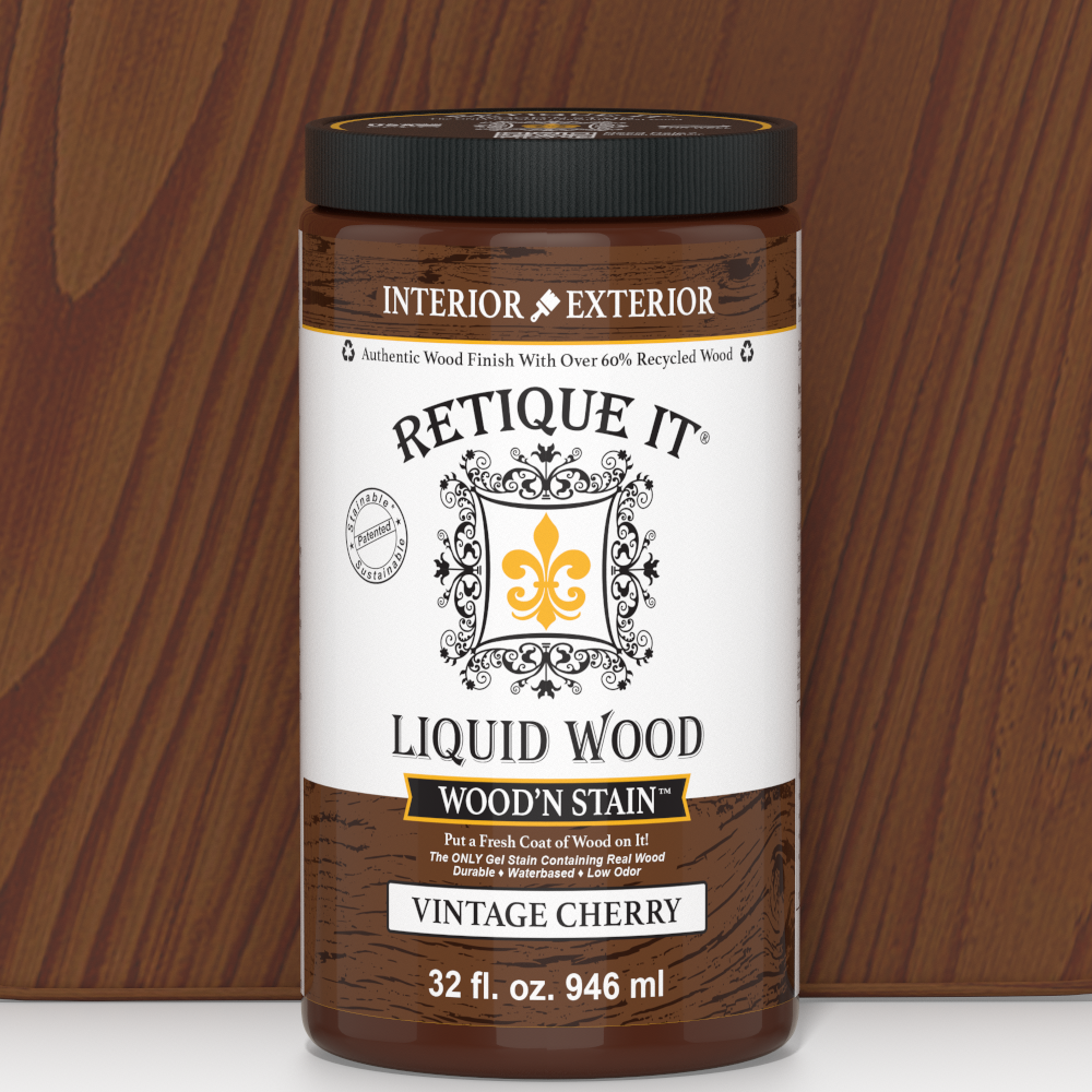 Retique It Liquid Wood Wood'n Stain in Vintage Cherry, 32 oz, showcasing the rich cherry stain color and smooth liquid stain texture.