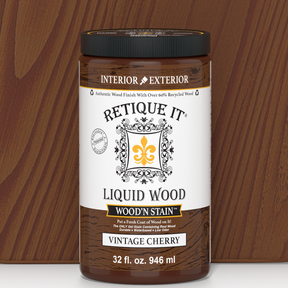 Retique It Liquid Wood Wood'n Stain in Vintage Cherry, 32 oz, showcasing the rich cherry stain color and smooth liquid stain texture.