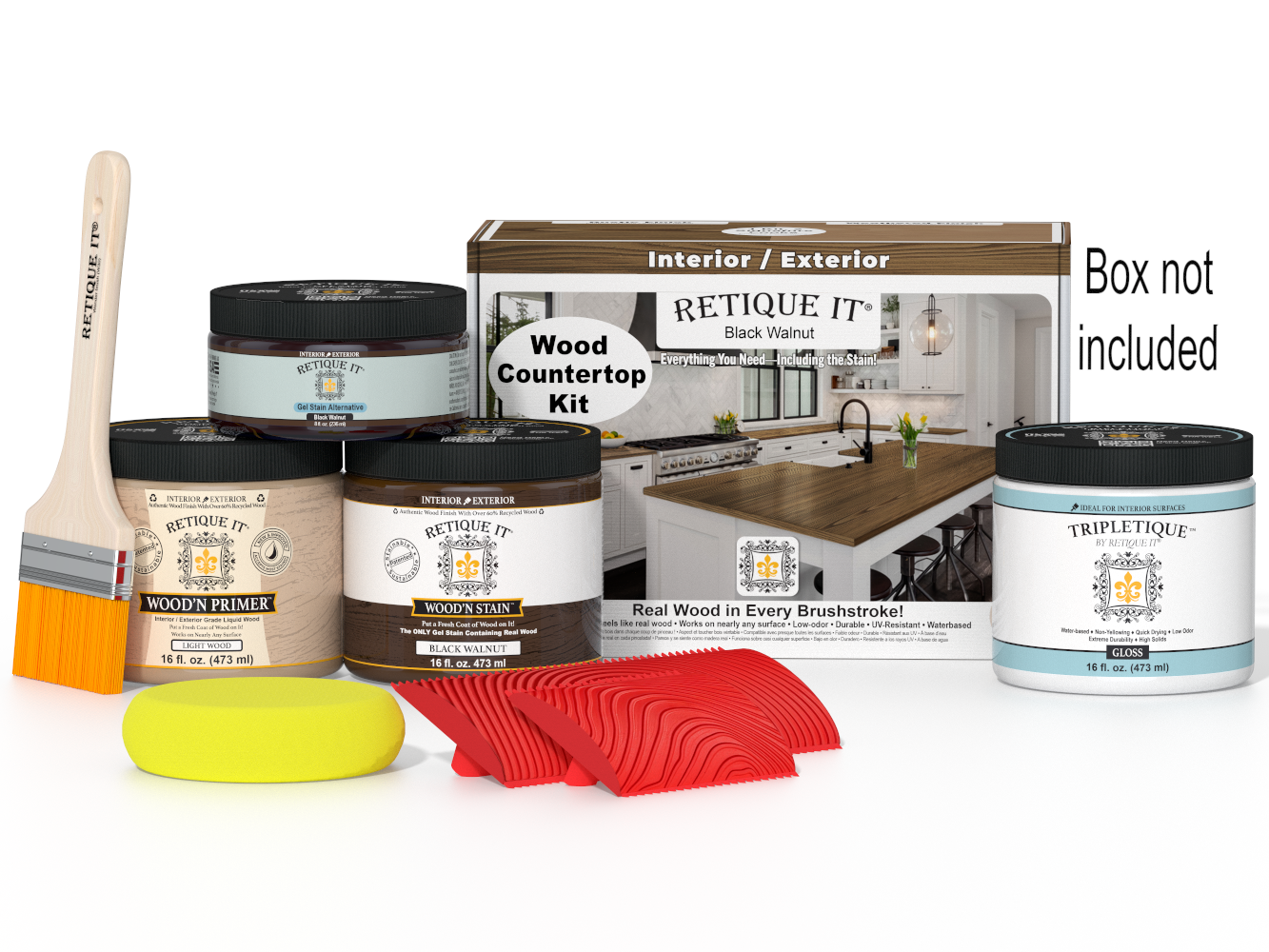 Wood countertop kit with paint cans, a brush, and a box on a white background