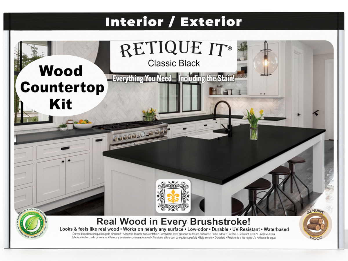 Retique It® classic black countertop kit for kitchen islands, featuring stain options and a durable, stylish finish.