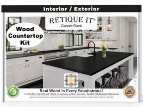 Retique It® black stains applied to a kitchen island countertop in a classic black finish with a smooth surface.