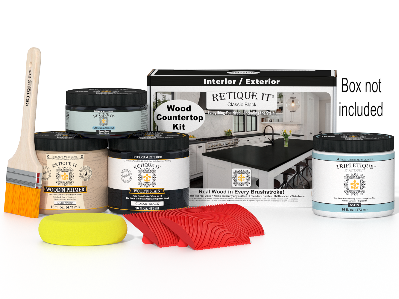 Retique It® black countertop kit for kitchen island with stain application, includes tools and materials for a classic black finish.