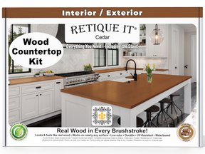 Retique It® cedar stain countertop kit for kitchen islands, featuring natural wood grain and stain application tools.