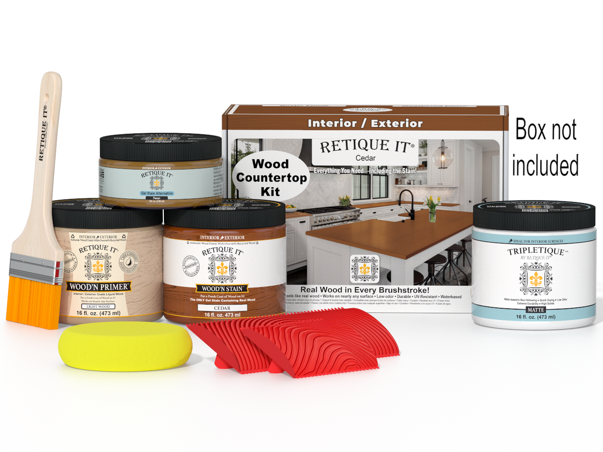 Retique It® cedar stain countertop kit for kitchen islands, featuring natural wood grain and durable finish for modern kitchen decor.