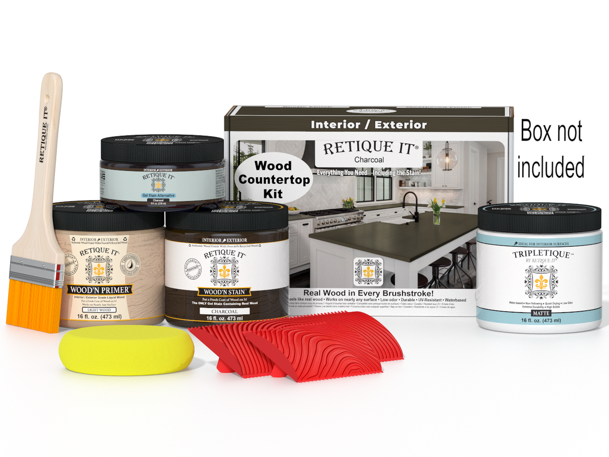 Retique It® charcoal countertop kit for kitchen islands, featuring stain and finish options for a modern kitchen upgrade.