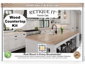 Advertisement for Retique It wood countertop kit with a kitchen setup.
