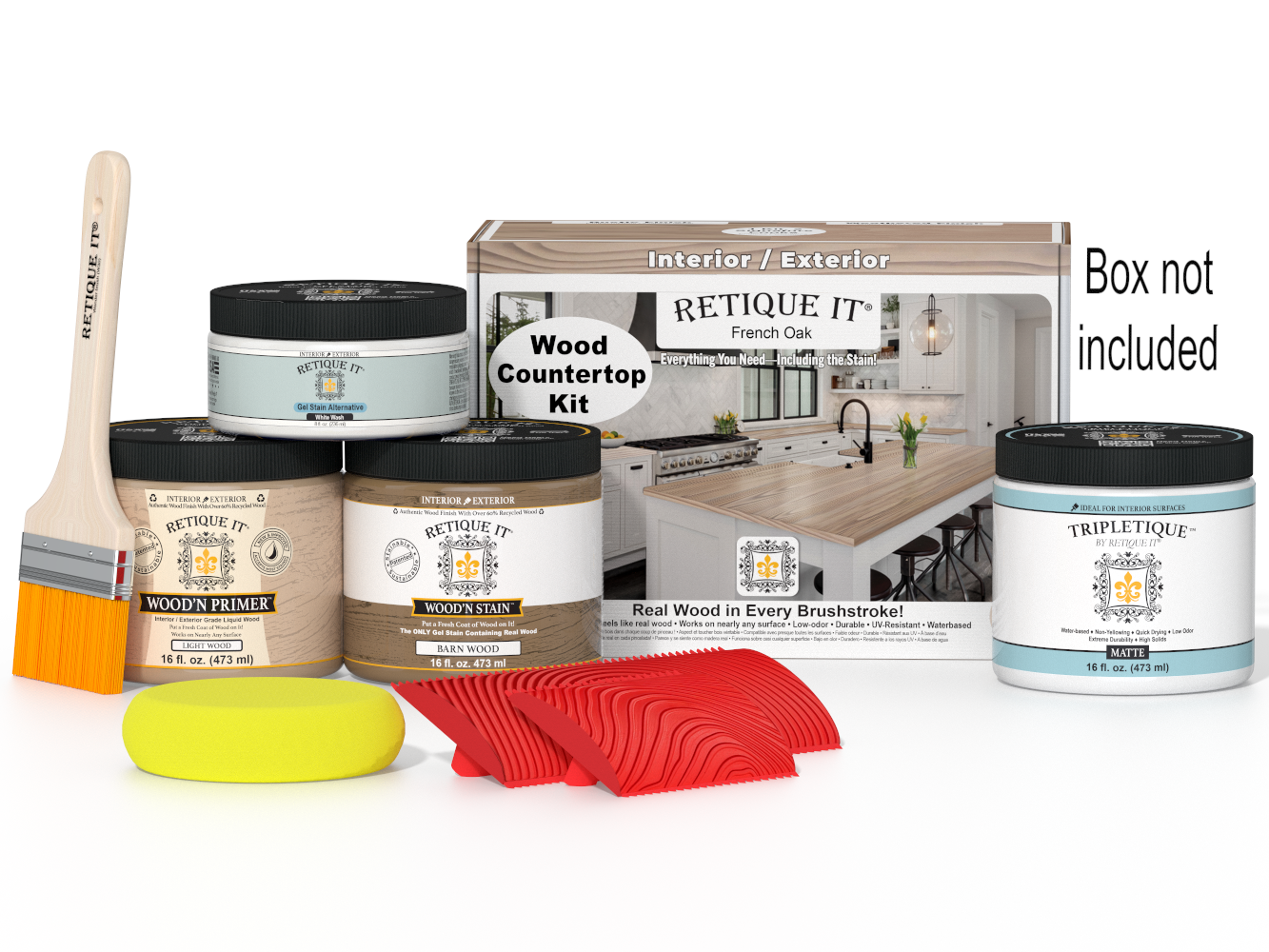 Wood countertop kit with paint cans, a brush, and other tools on a white background