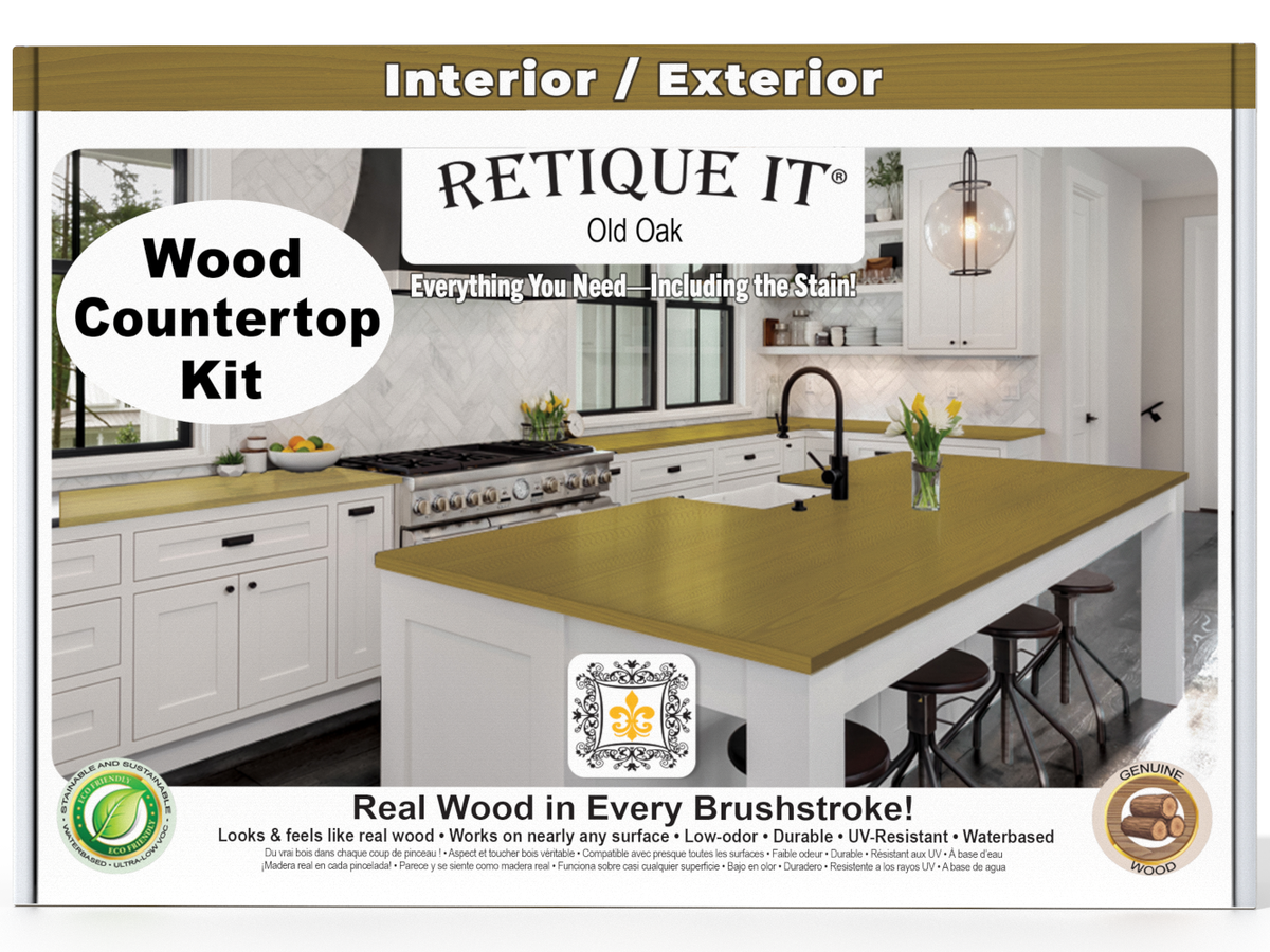 Advertisement for Retique It wood countertop kit with a kitchen scene and product details.