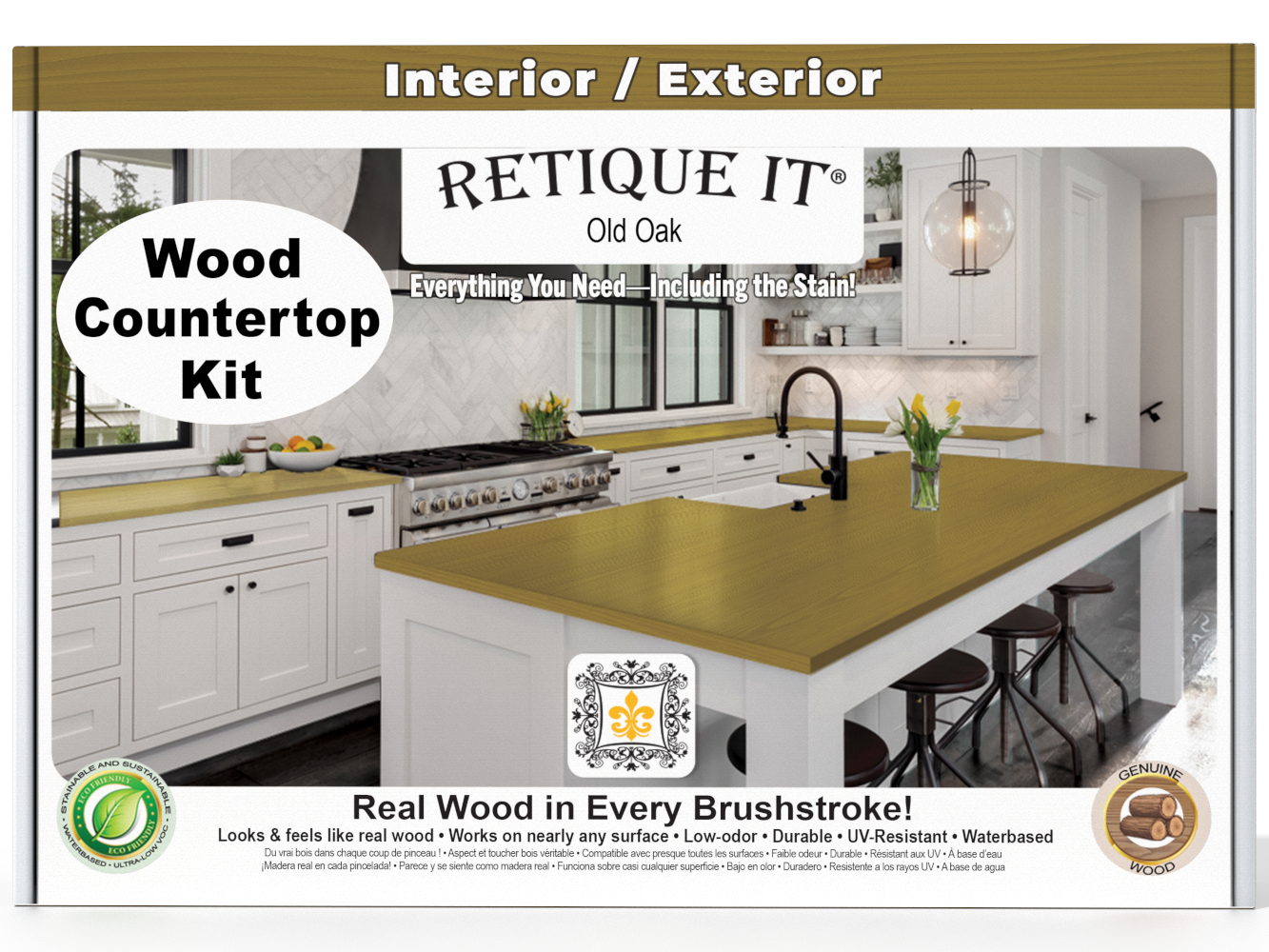Retique It® Old Oak stain countertop kit for kitchen islands, showcasing a stained wooden surface with a natural oak finish.