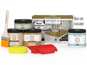 Retique It® Old Oak stain kit for kitchen island countertops, featuring wood grain and stain application tools in a box.