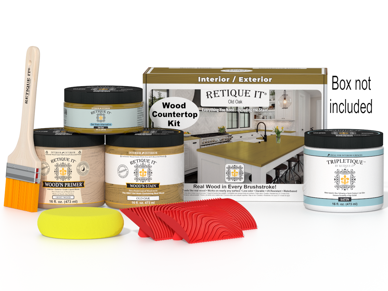 Retique It® Old Oak stain kit for kitchen island countertops, includes stain bottles and application tools.