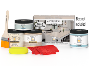 Sun-bleached wood finish kit for kitchen island countertops by Retique It® Wood'n Finish Kits, includes tools and supplies.