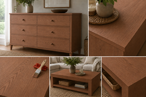 Retique It® Dark Wood Kit inspiration collage featuring a rich brown dresser, coffee table, paintbrush, and red graining tool.