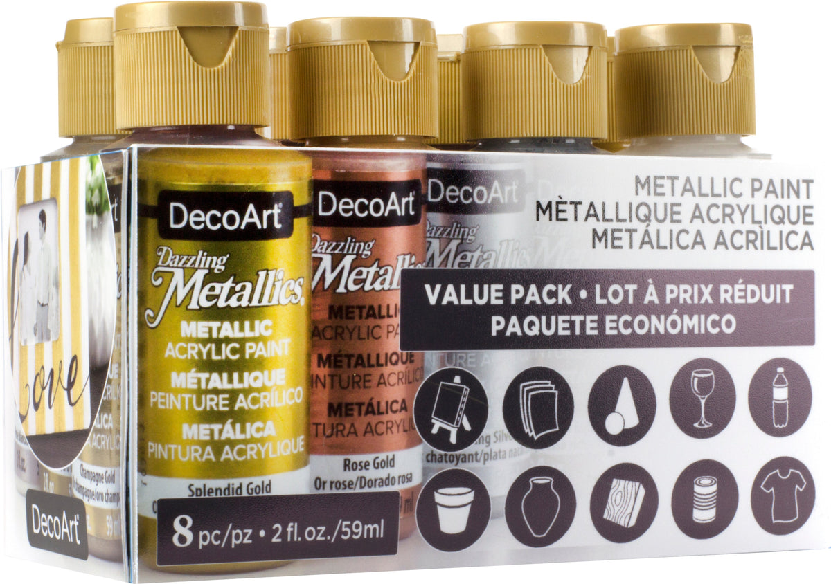 Eight metallic paint tubes from DecoArt Dazzling Metallics Classic Paint Set, showcasing vibrant, shimmering colors for arts and crafts.