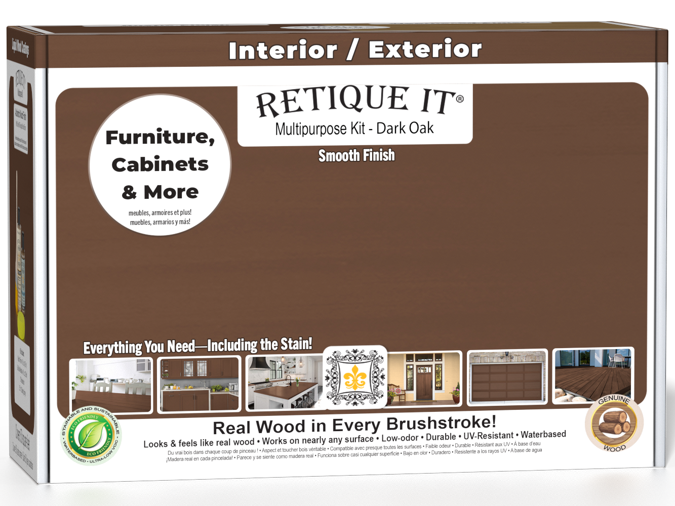 Retique It® Multi-purpose Smooth Finish Kit in Dark Oak for exterior wood, featuring a matte top coat and complete application tools.