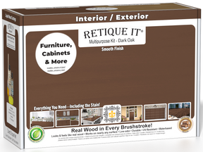 Retique It® Multi-purpose Smooth Finish Kit in Dark Oak with exterior top coat, matte wood finish, shown in the box.