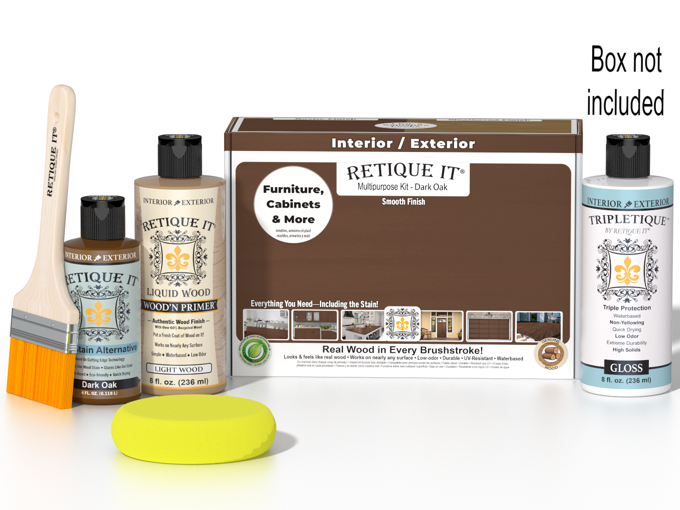 Retique It® Multi-purpose Smooth Finish Kit in Dark Oak for interior wood projects, includes top coat and application tools.