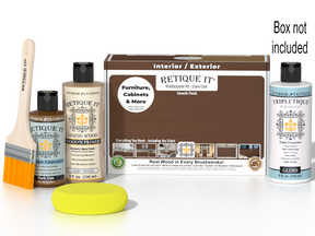 Retique It® Multi-purpose Smooth Finish Kit in Dark Oak for interior wood projects, includes top coat and application tools.