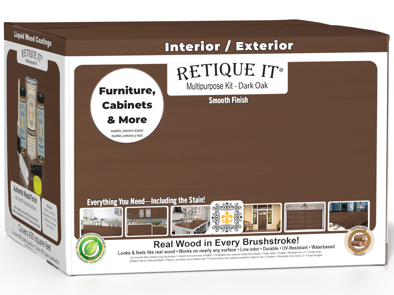 Retique It® Multi-purpose Smooth Finish Kit in Dark Oak for interior wood projects, includes four large top coat containers.