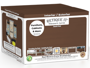 Retique It® Multi-purpose Smooth Finish Kit in Dark Oak with four large wood interior top coat bottles and application tools.