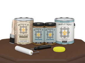 Retique It® Multi-purpose Smooth Finish Kit in Dark Oak for interior wood tops, includes four large top coat bottles with matte finish.