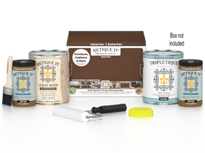 Retique It® Dark Oak multi-purpose wood finish kit with four large bottles of interior top coat, displayed in a box.