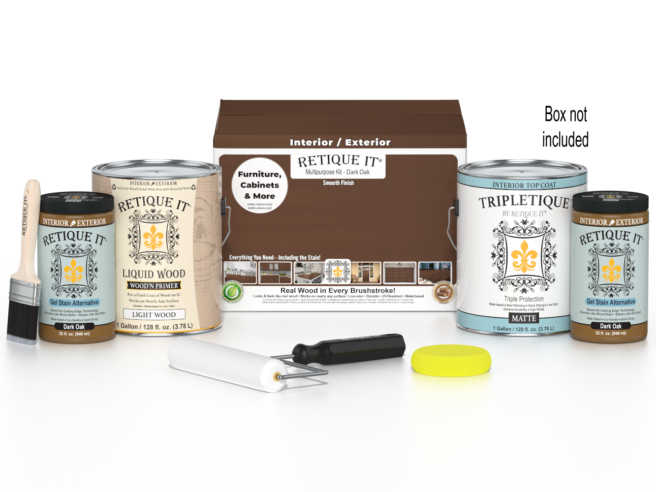 Retique It® Dark Oak Multi-purpose Smooth Finish Kit with 4 large bottles, interior top coat for wood finishing projects.