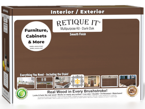 Dark Oak Multi-purpose Smooth Finish Kit by Retique It® in a wood finish kit box, showing the product packaging and contents.