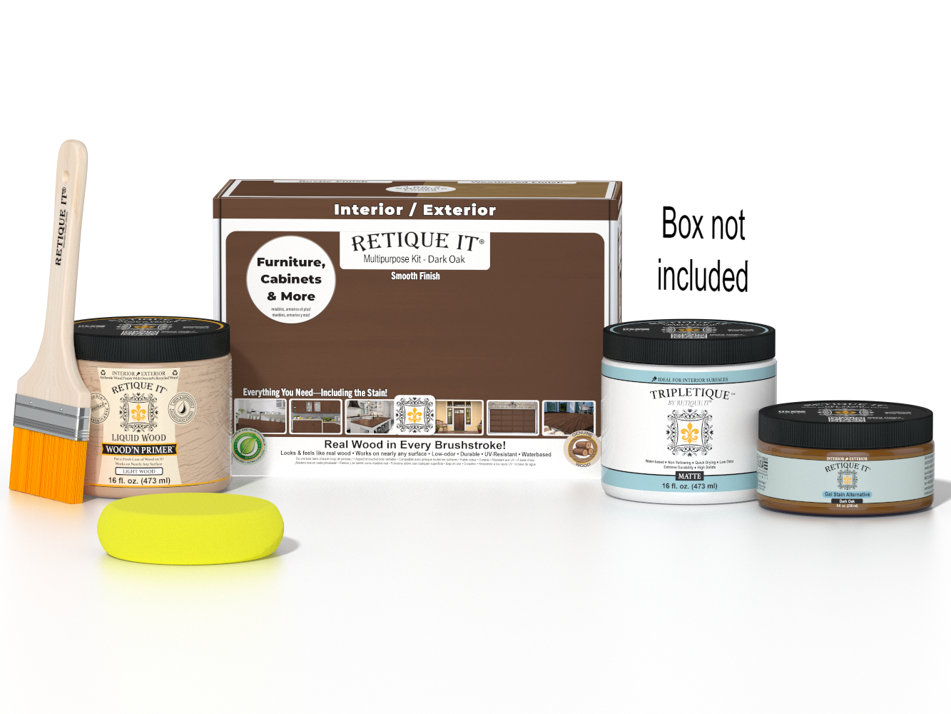Retique It® Dark Oak Multi-purpose Smooth Finish Kit for interior wood top coats, includes application tools and product packaging