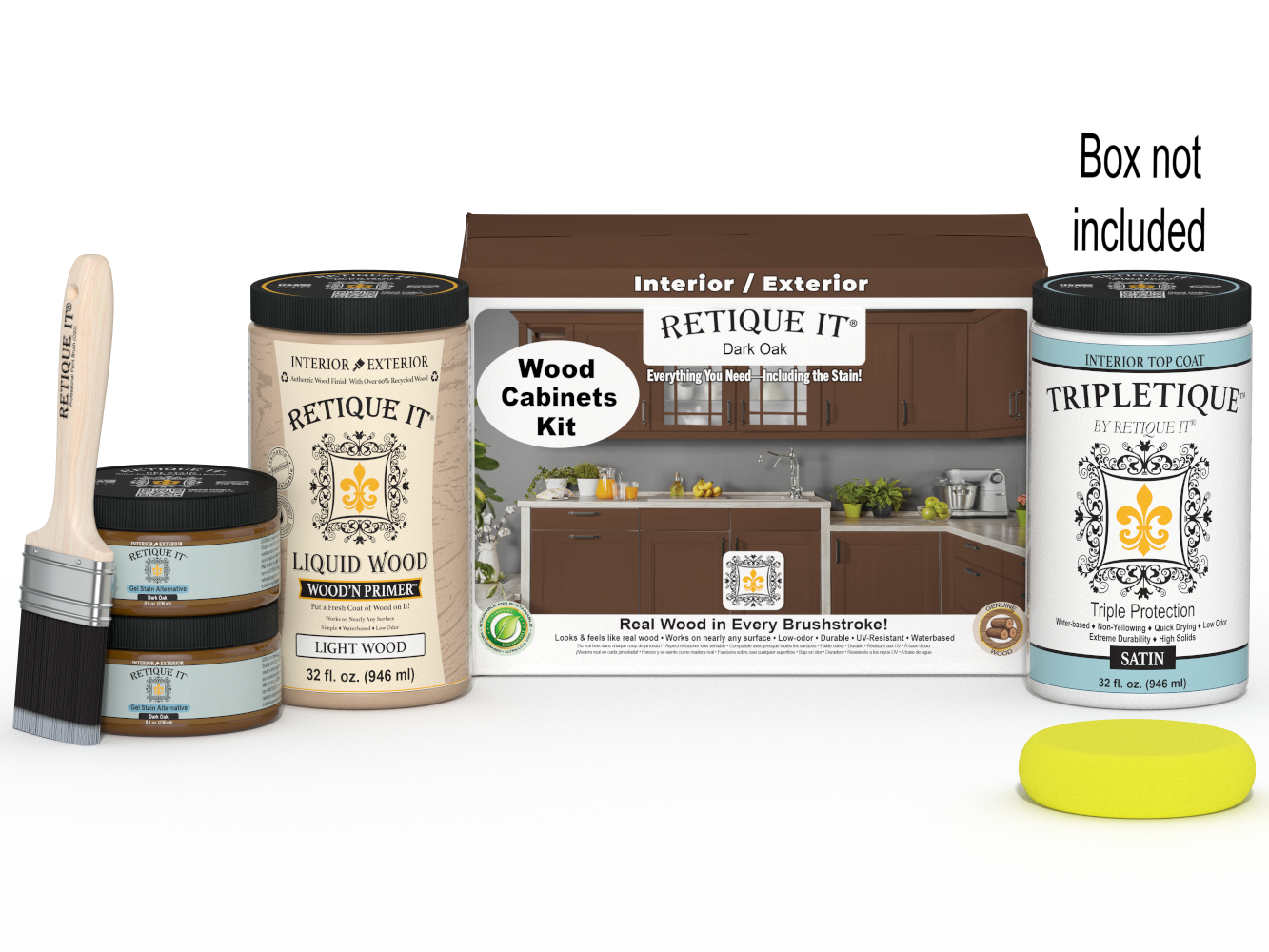 Dark oak wood cabinet kit with 12 smooth doors, labeled Doak BPK32 from Retique It® stain collection, shown with packaging.