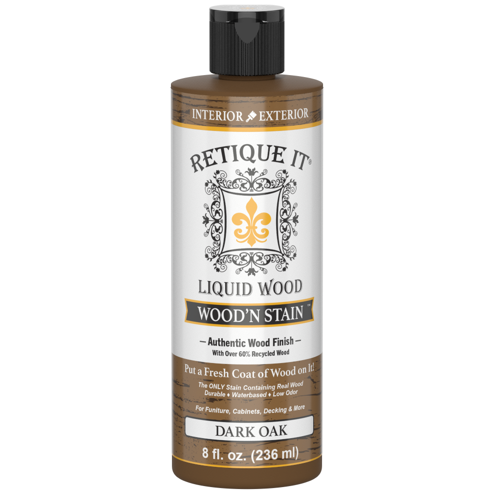 Dark oak wood stain in 8 oz bottle by Retique It Liquid Wood Wood'n Stain, showcasing the deep, rich stain color and packaging.
