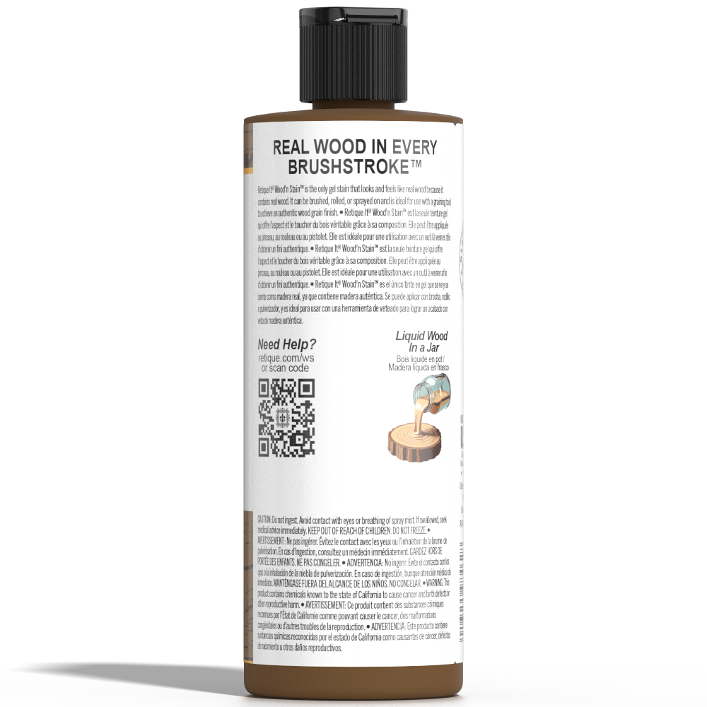 Retique It Liquid Wood Wood'n Stain in Dark Oak, 8 oz bottle, showing the dark stain liquid for wood finishing.