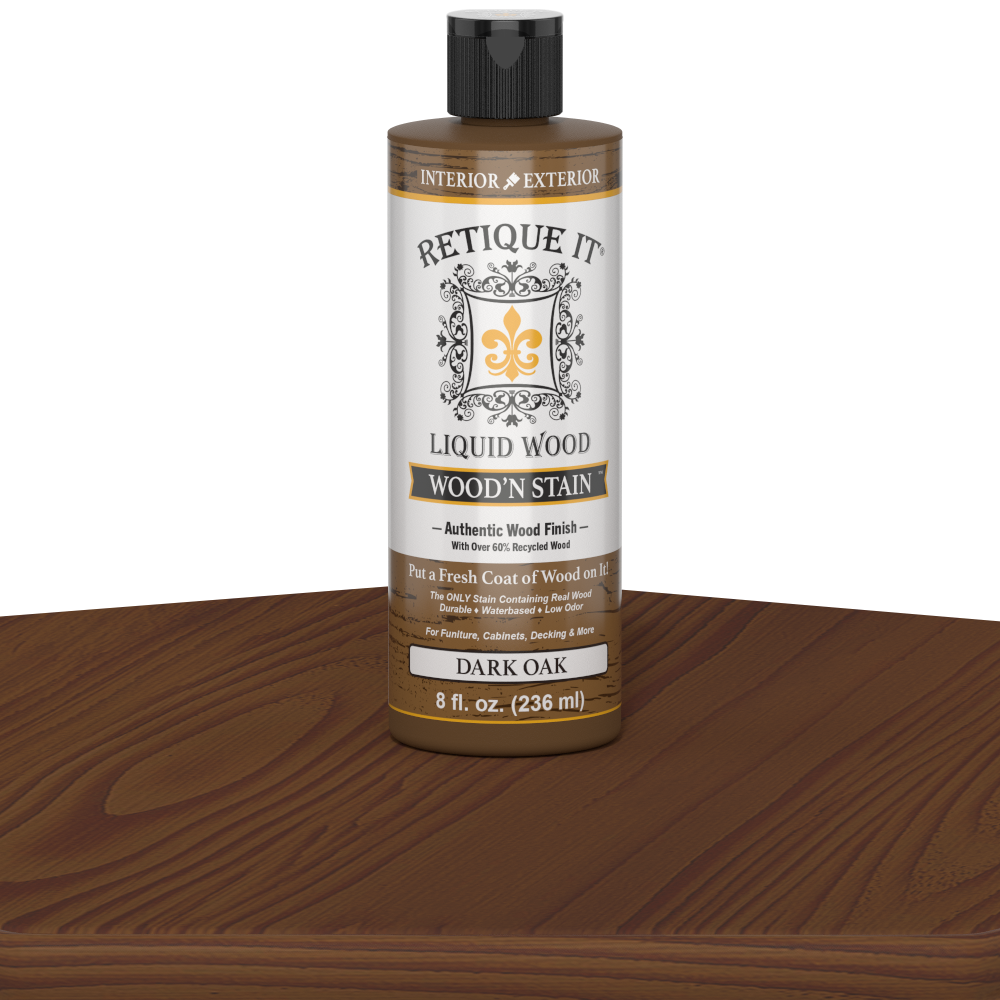 Retique It Liquid Wood Wood'n Stain in Dark Oak, 8 oz bottle, showing the dark oak stain applied to wood surface.