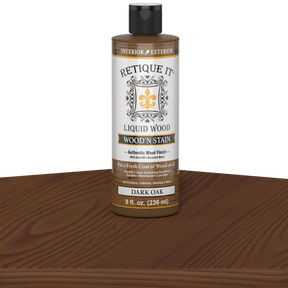 Retique It Liquid Wood Wood'n Stain in Dark Oak, 8 oz bottle, showing the dark oak stain applied to wood surface.