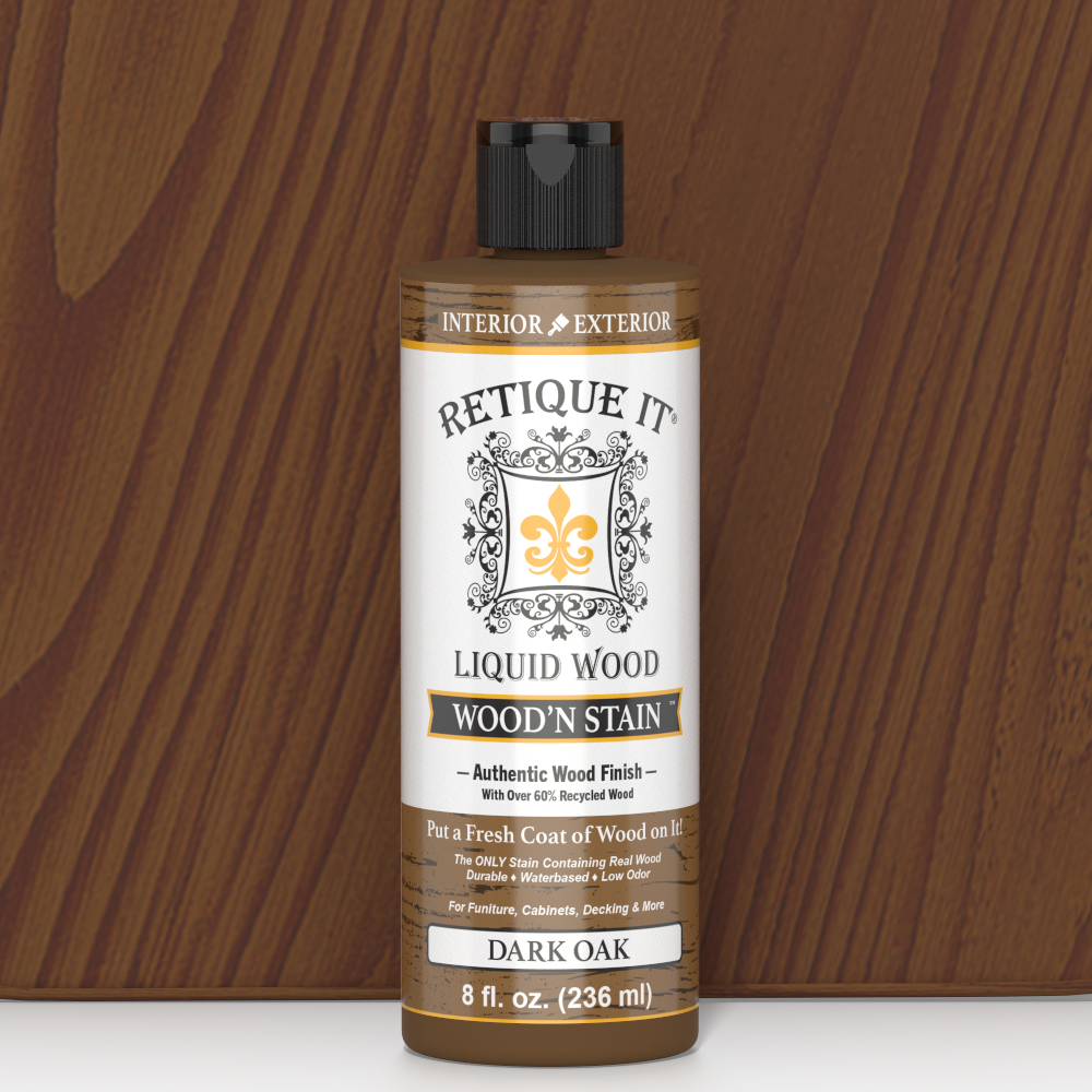 Retique It Liquid Wood Wood'n Stain in Dark Oak, 8 oz bottle, showing the dark wood stain product ready for wood finishing.