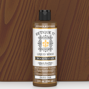 Retique It Liquid Wood Wood'n Stain in Dark Oak, 8 oz bottle, showing the dark wood stain product ready for wood finishing.