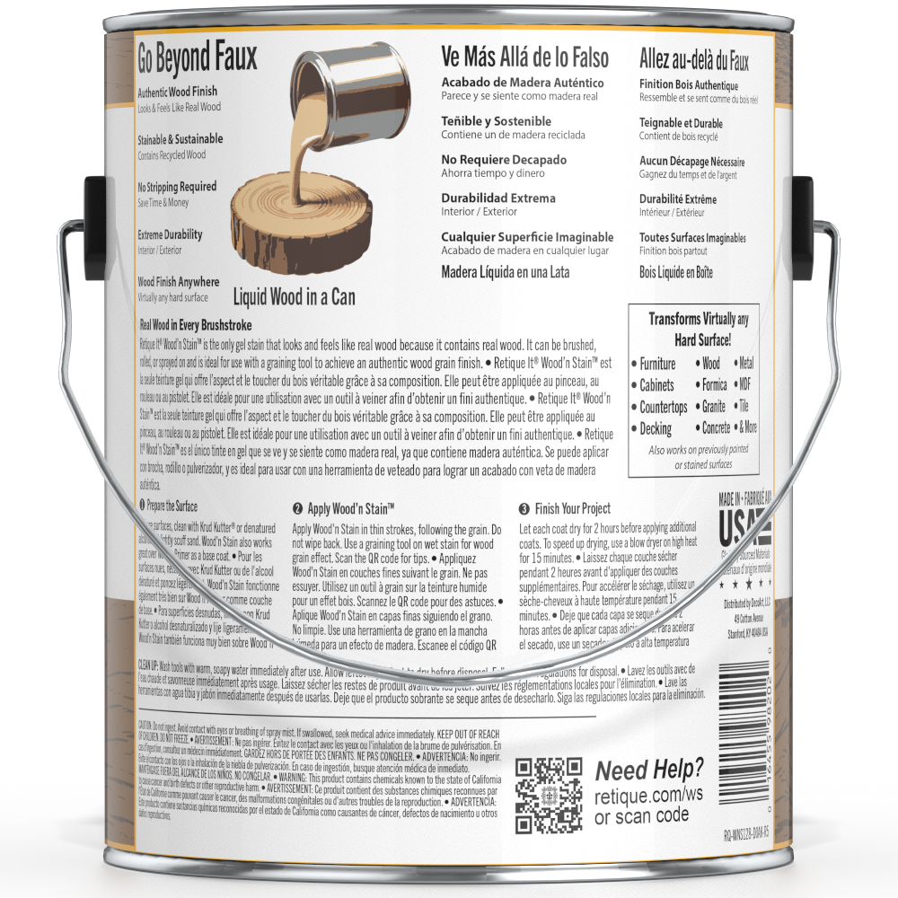 Liquid Wood Wood'n Stain by Retique It in Dark Oak, 128 oz, showcasing the deep rich stain color and wood grain detail.